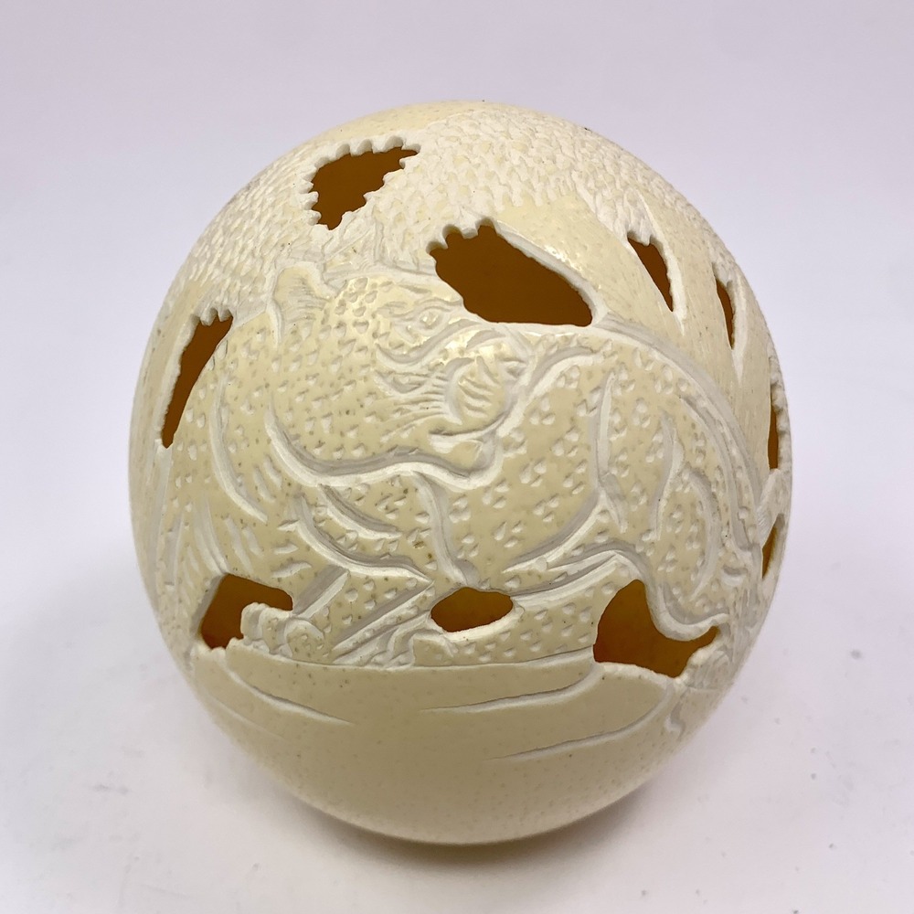 Collectible Hand Carved Ostrich Egg with Tiger Design - Signed by Craftsman